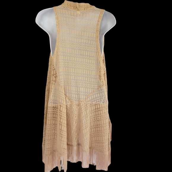 STUDIO JPR Knit Crochet Light Tan Open Cardigan Sweater Womens L EUC Boho Fringe - Picture 3 of 13